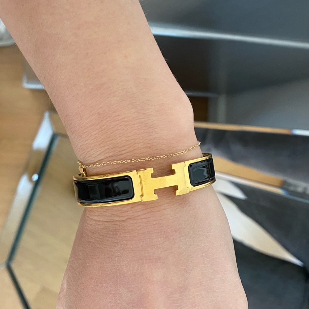 HERMES Clic H Gold Plate Black Enamel Cuff Bracelet Pm Jewelry